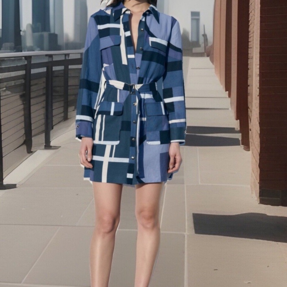Zara Blue and White Geometric Print Lapel Collar Dress Size Small